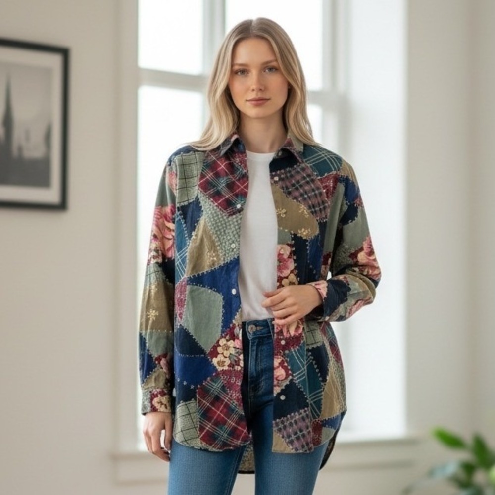 Vintage 90s Patchwork CAMBRIDGE Button Shirt M Dark Floral Cottage Farmcore